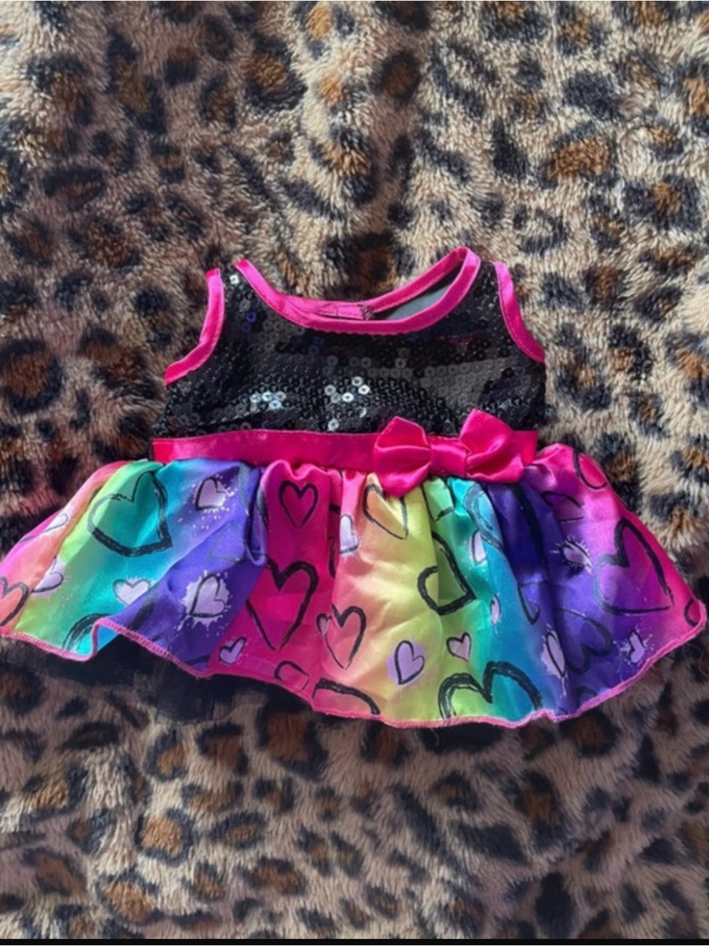 Build-A-Bear Black Sequin Bodice Rainbow Heart Tutu Dress with Pink Trim